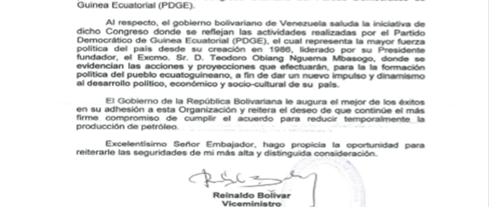 La Cancillería Venezolana felicita al Gobierno de G.E. por la exitosa celebración del VI Congreso Ordinario del PDGE
